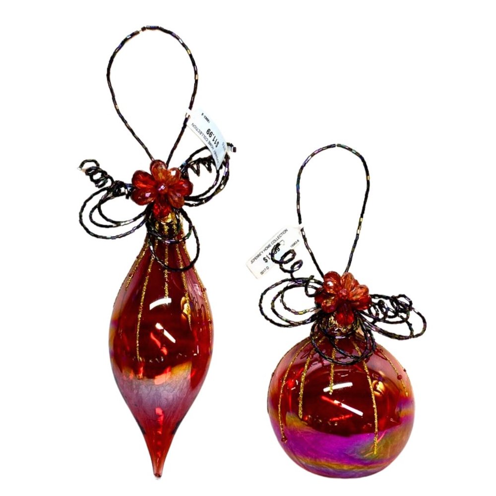 Vintage Christmas Glass Ornaments Red Teardrop Round W Beads Decor Set of 2 NWT